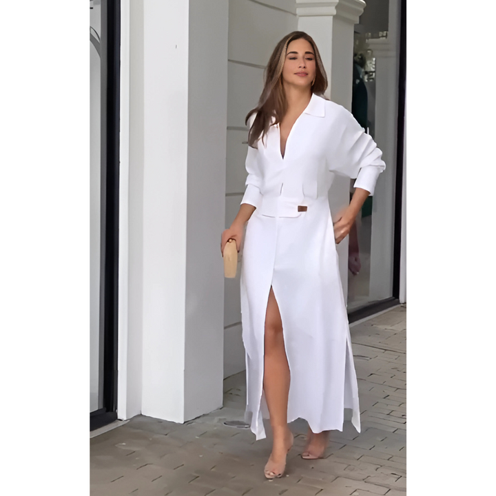 Barbara | Maxi šaty z bavlny a lnu s knoflíky a páskem v pase